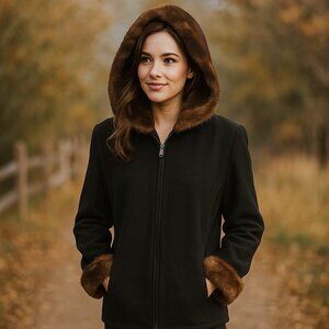 VTG Black Wool Blend Faux Fur Hooded Zip Front Penny Lane Jacket with Pockets